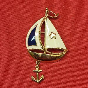VTG Avon Sailboat Ship Boat Nautical Brooch Pin Enamel Red Blue Gold Tone